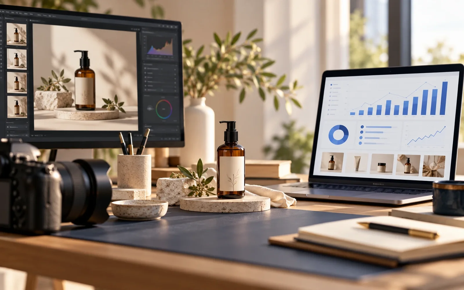 Product photo editing screen beside marketplace item analytics