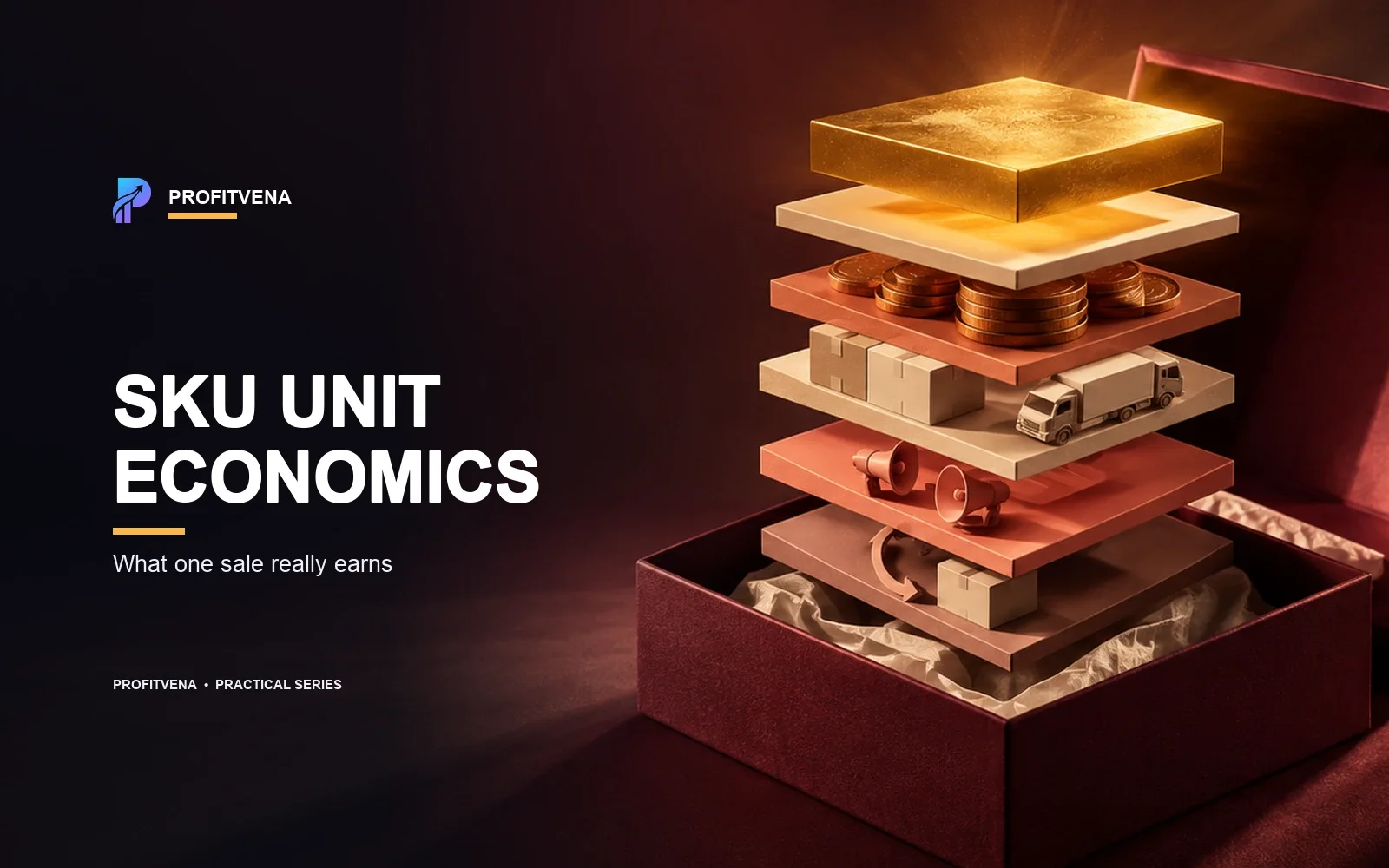 Revenue from one SKU sale divided into product cost, fees, logistics, returns, advertising and profit