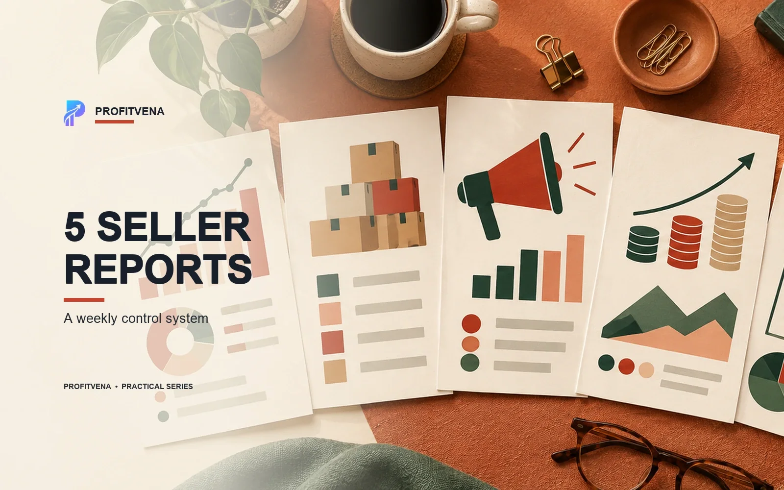 Five connected panels for sales, inventory, advertising, profit and payout control around ProfitVena